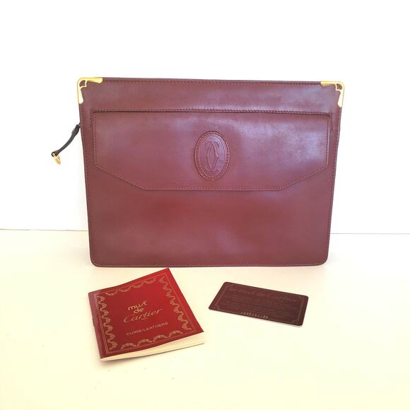 Cartier Handbags - Cartier Must Line Vintage Wristlet Clutch Bordeaux Red Leather Zip Bag Unisex